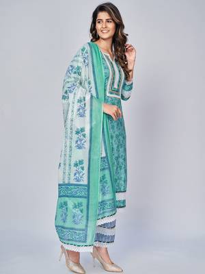 Women's Printed & Lace work Straight Cotton Aqua Kurta With Pant & Dupatta 3