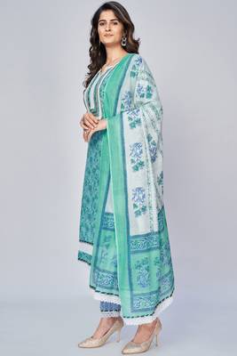 Women's Printed & Lace work Straight Cotton Aqua Kurta With Pant & Dupatta 4