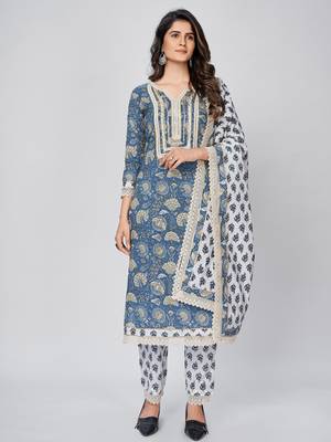 Women's Printed & Lace work Straight Cotton Blue Kurta With Pant & Dupatta 1