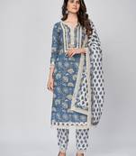 Women's Printed & Lace work Straight Cotton Blue Kurta With Pant & Dupatta