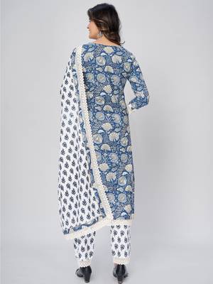 Women's Printed & Lace work Straight Cotton Blue Kurta With Pant & Dupatta 2