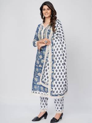 Women's Printed & Lace work Straight Cotton Blue Kurta With Pant & Dupatta 3