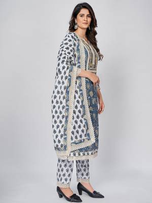 Women's Printed & Lace work Straight Cotton Blue Kurta With Pant & Dupatta 4