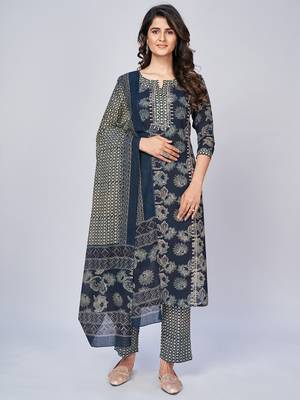 Women's Printed & Embroidered Straight Cotton Blue Kurta With Pant & Dupatta 1
