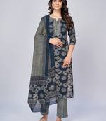 Women's Printed & Embroidered Straight Cotton Blue Kurta With Pant & Dupatta