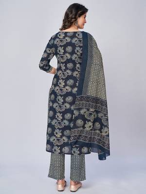 Women's Printed & Embroidered Straight Cotton Blue Kurta With Pant & Dupatta 2