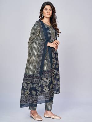 Women's Printed & Embroidered Straight Cotton Blue Kurta With Pant & Dupatta 3