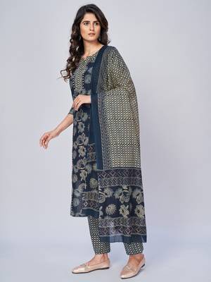 Women's Printed & Embroidered Straight Cotton Blue Kurta With Pant & Dupatta 4