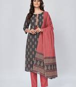 Women's Printed & Embroidered Straight Cotton Grey Kurta With Pant & Dupatta