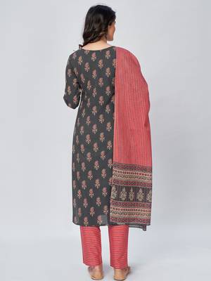 Women's Printed & Embroidered Straight Cotton Grey Kurta With Pant & Dupatta 2
