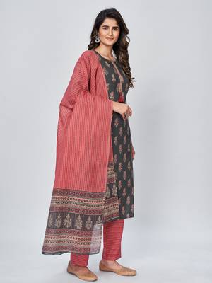 Women's Printed & Embroidered Straight Cotton Grey Kurta With Pant & Dupatta 3