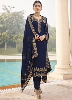 Navy Blue Georgette Party Wear Straight Suit 1