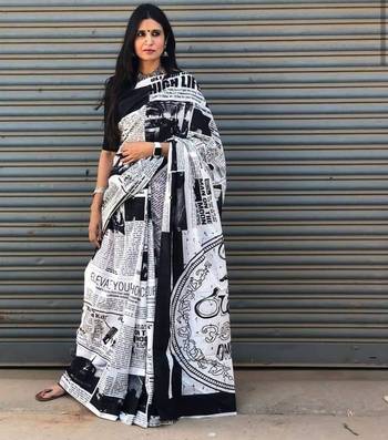 Hand Printed Cotton Saree with Blouse  1