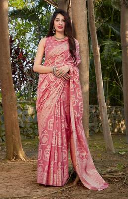 Light pink woven cotton silk saree with blouse 1