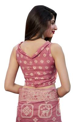 Light pink woven cotton silk saree with blouse 4