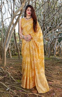 Mustard woven cotton silk saree with blouse 1