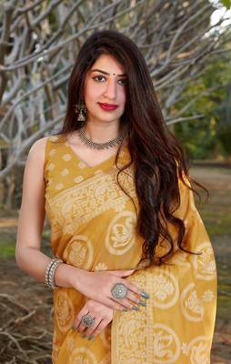 Mustard woven cotton silk saree with blouse 2