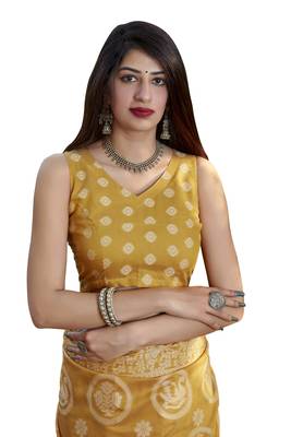 Mustard woven cotton silk saree with blouse 5