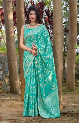 Light blue woven cotton silk saree with blouse 1