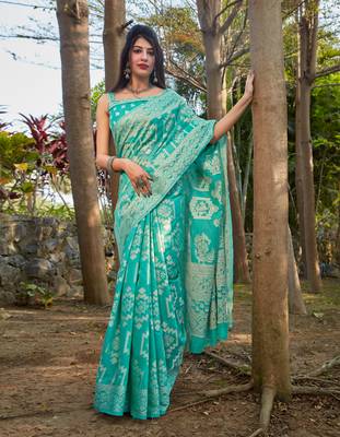Light blue woven cotton silk saree with blouse 2