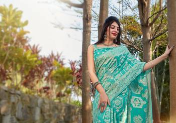 Light blue woven cotton silk saree with blouse 3