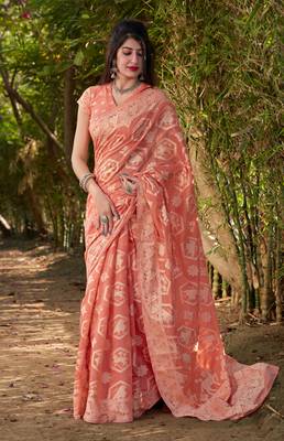 Peach woven cotton silk saree with blouse 1