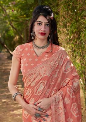 Peach woven cotton silk saree with blouse 2