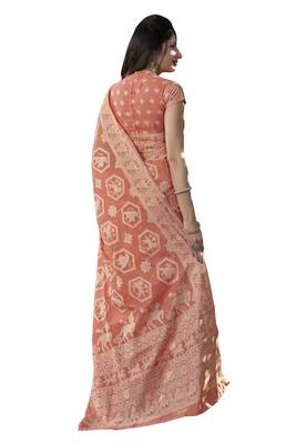 Peach woven cotton silk saree with blouse 3