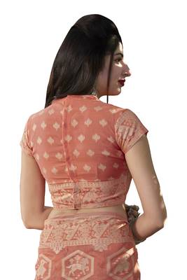 Peach woven cotton silk saree with blouse 4