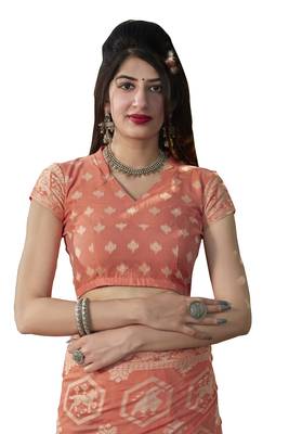 Peach woven cotton silk saree with blouse 5