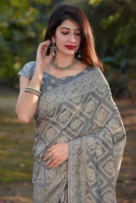 Grey woven cotton silk saree with blouse 2