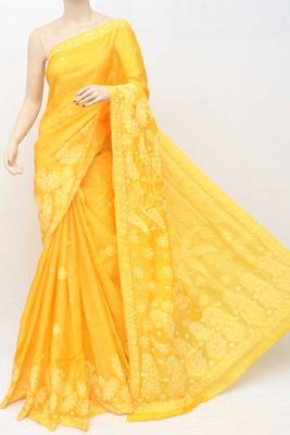 Yellow embroidered tussar silk saree with blouse 1
