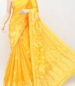 Yellow embroidered tussar silk saree with blouse