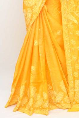 Yellow embroidered tussar silk saree with blouse 3