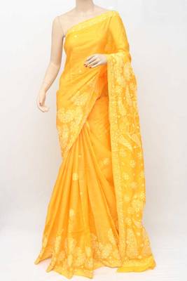 Yellow embroidered tussar silk saree with blouse 4