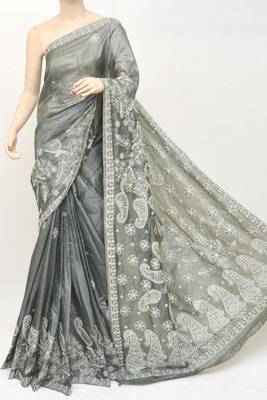 Grey embroidered tussar silk saree with blouse 1