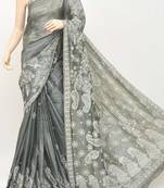Grey embroidered tussar silk saree with blouse