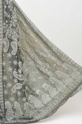 Grey embroidered tussar silk saree with blouse 2