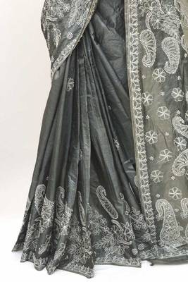 Grey embroidered tussar silk saree with blouse 3