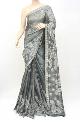 Grey embroidered tussar silk saree with blouse 4