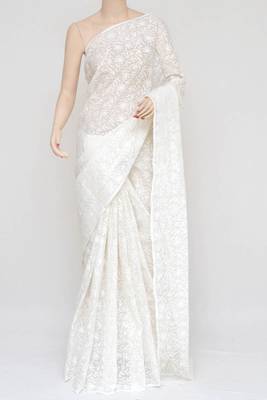 Light white embroidered cotton saree  3
