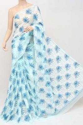 Blue embroidered georgette saree with blouse 1