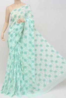 Dark aqua blue embroidered georgette saree with blouse 1