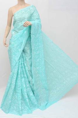 Dark aqua blue embroidered cotton saree  1