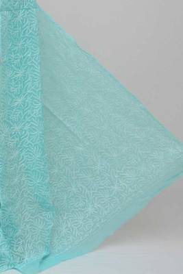Dark aqua blue embroidered cotton saree  2