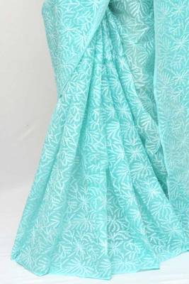 Dark aqua blue embroidered cotton saree  3