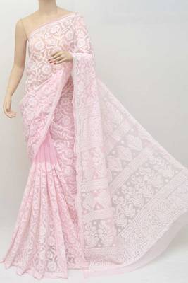 Pink embroidered georgette saree with blouse 1