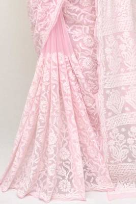 Pink embroidered georgette saree with blouse 3
