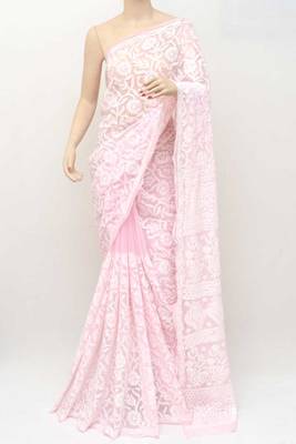 Pink embroidered georgette saree with blouse 4