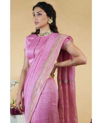 Withered Rose Hand Embroidered Linen Silk Saree 4